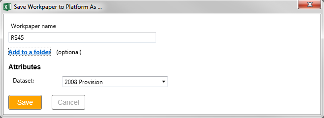 Screen capture showing the fields to set when saving a workpaper to the Platform.